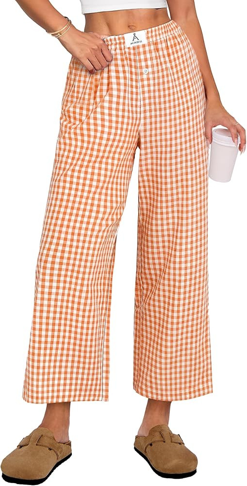 ANRABESS Women Striped Gingham Palazzo Cropped Pants Wide Leg Pajama Lounge Pants Plaid PJ Bottom... | Amazon (US)