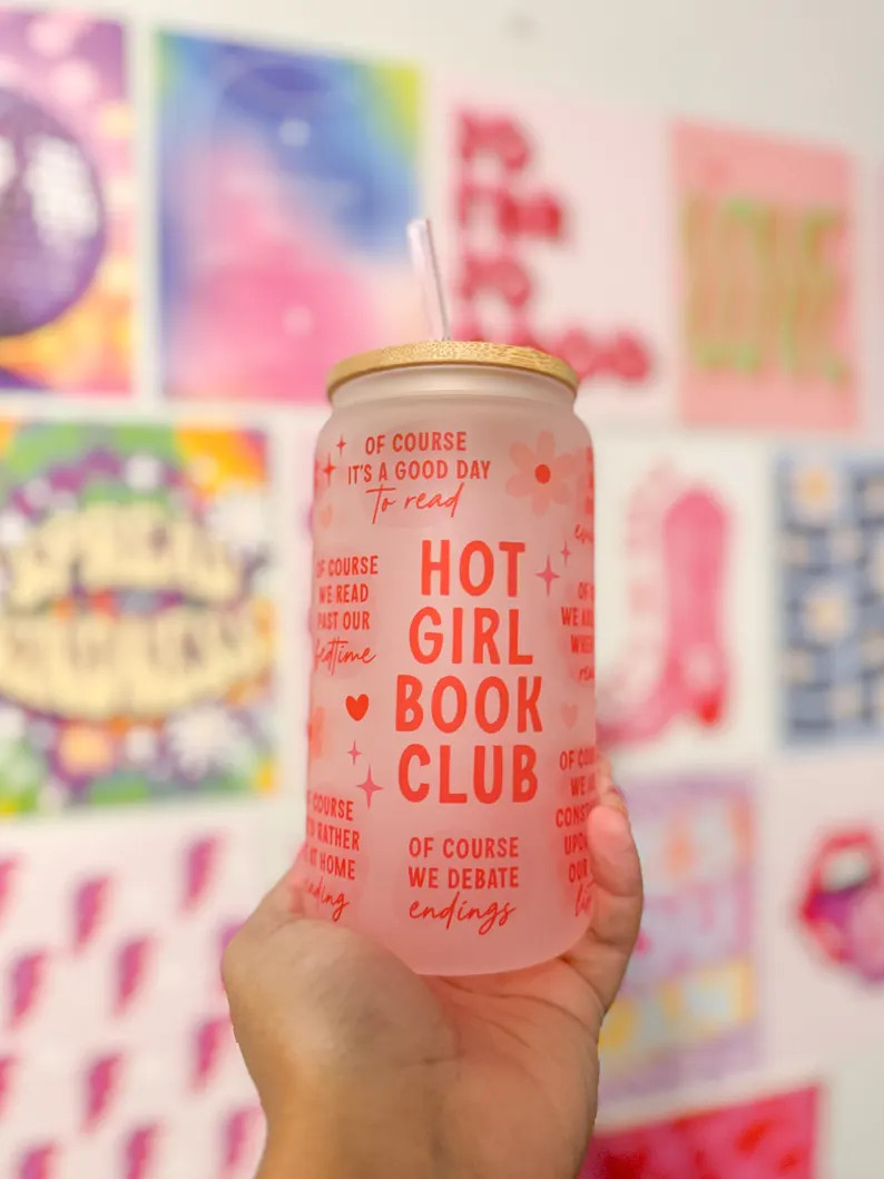 Hot Girl Book Club Mug, 16oz Frosted Glass Can, Bookish Phrases Mug, Perfect for Book Lovers & Co... | Etsy (US)
