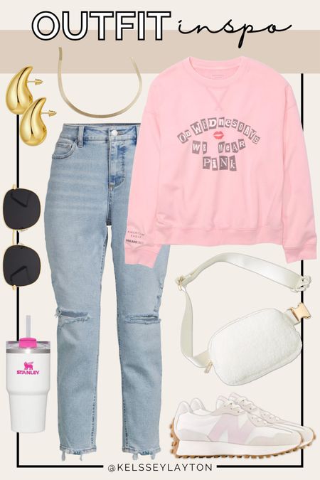 Outfit idea, American Eagle, time and tru, on Wednesdays we wear pink, sherpa belt bag, pink new balance, pink Stanley cup 

#LTKSeasonal #LTKfindsunder50 #LTKsalealert