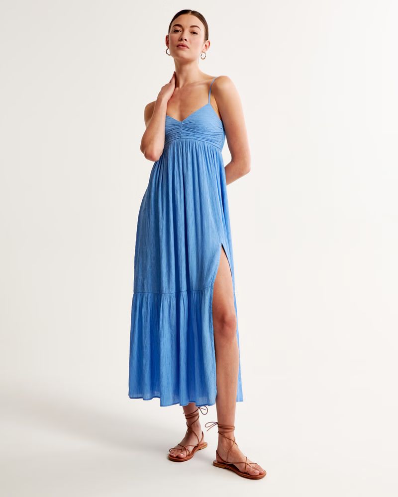 Women's Crinkle Textured Ruched Maxi Dress | Women's | Abercrombie.com | Abercrombie & Fitch (US)