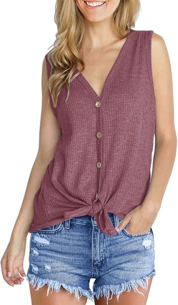 IWOLLENCE Womens Loose Henley Blouse Sleeveless Button Down T Shirts Tie Front Knot Tops | Amazon (US)