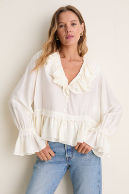 Egret Viscose Silk Habotai Frill Blouse | Tuckernuck (US)
