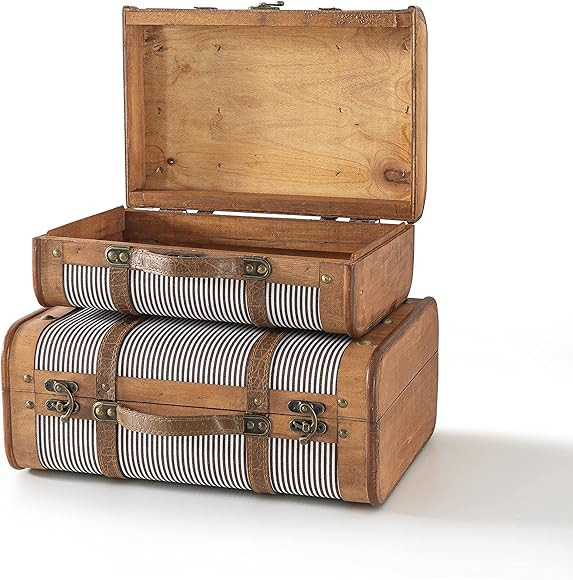 SLPR Antique Striped Wooden Boxes with Hinged Lid: Set of 2 Wood Chests, Farmhouse Styled Small W... | Amazon (US)