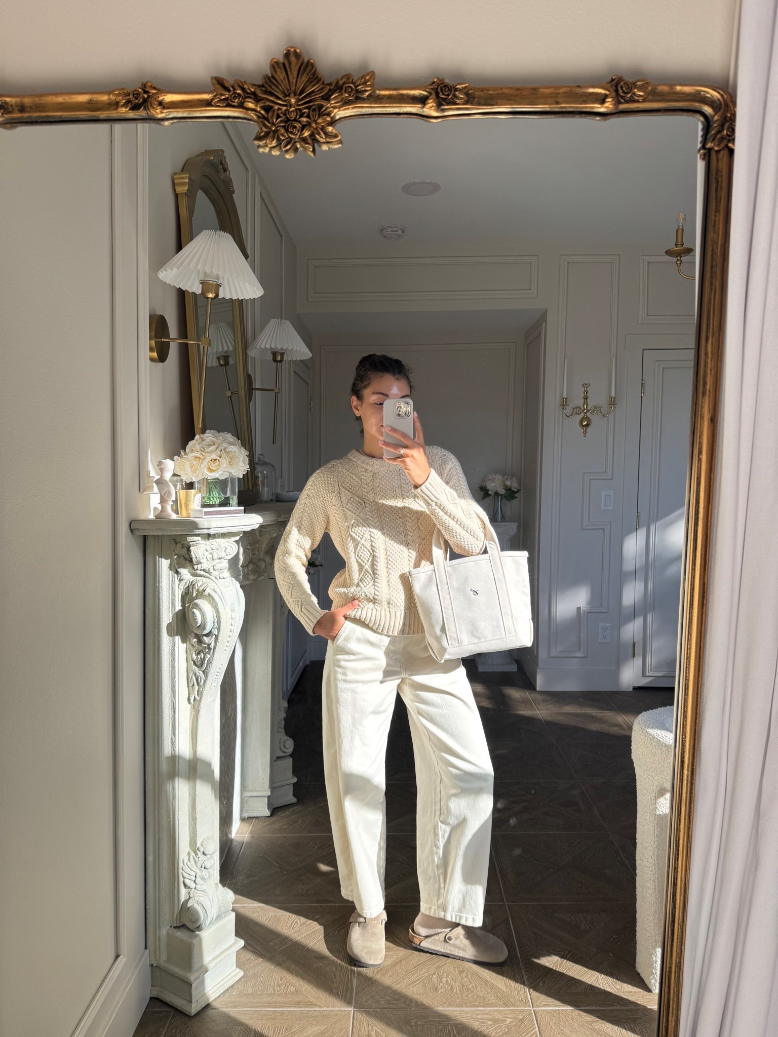 Cable knit sweater, off white jeans, clogs, boat tote 

#LTKootd