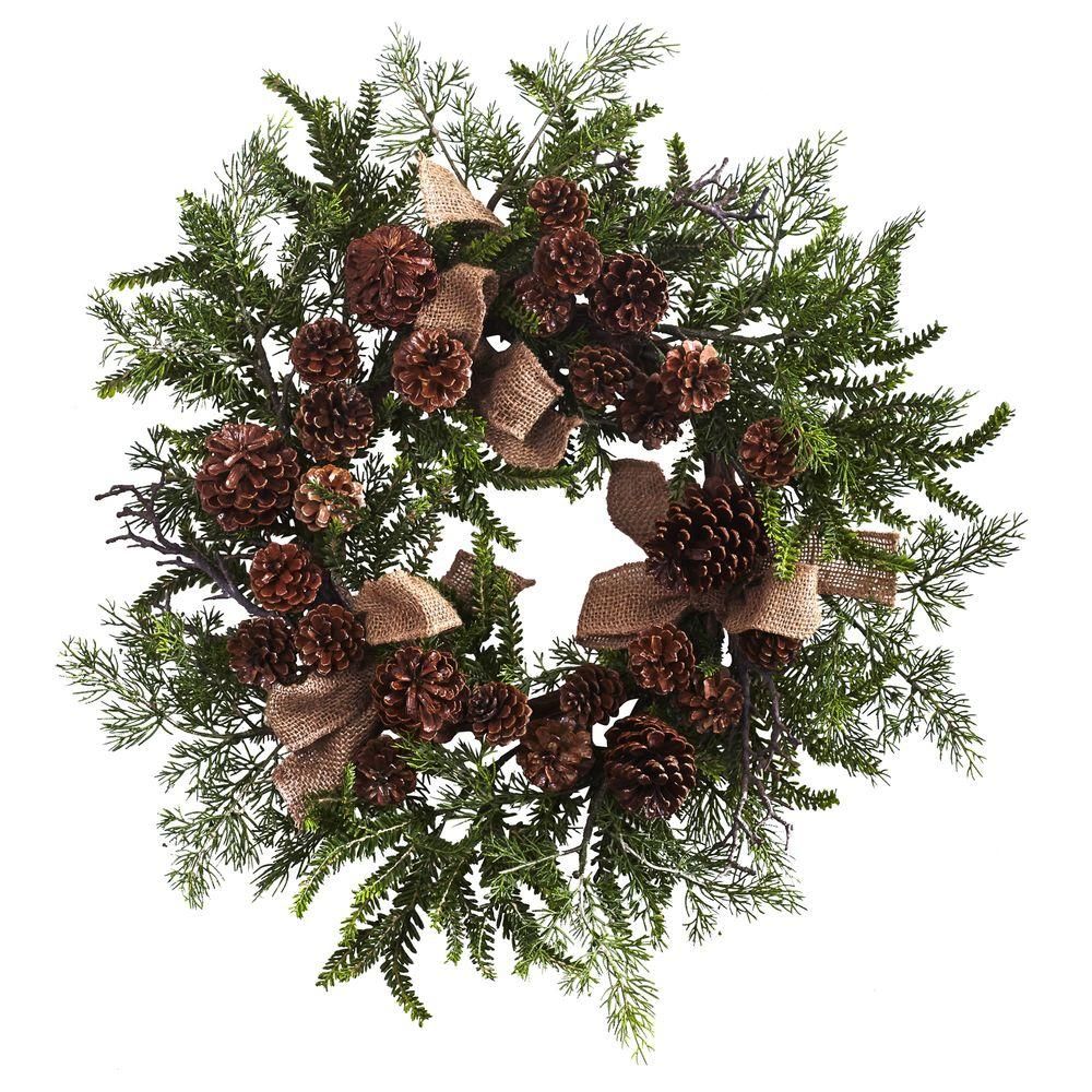 24 in. Pine and Pine Cone Artificial Wreath with Burlap Bows | The Home Depot