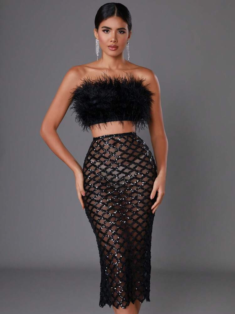 2pcs/Set Women's Fashion Elegant Faux Pearl Crop Top And See-Through Hem Skirt | SHEIN