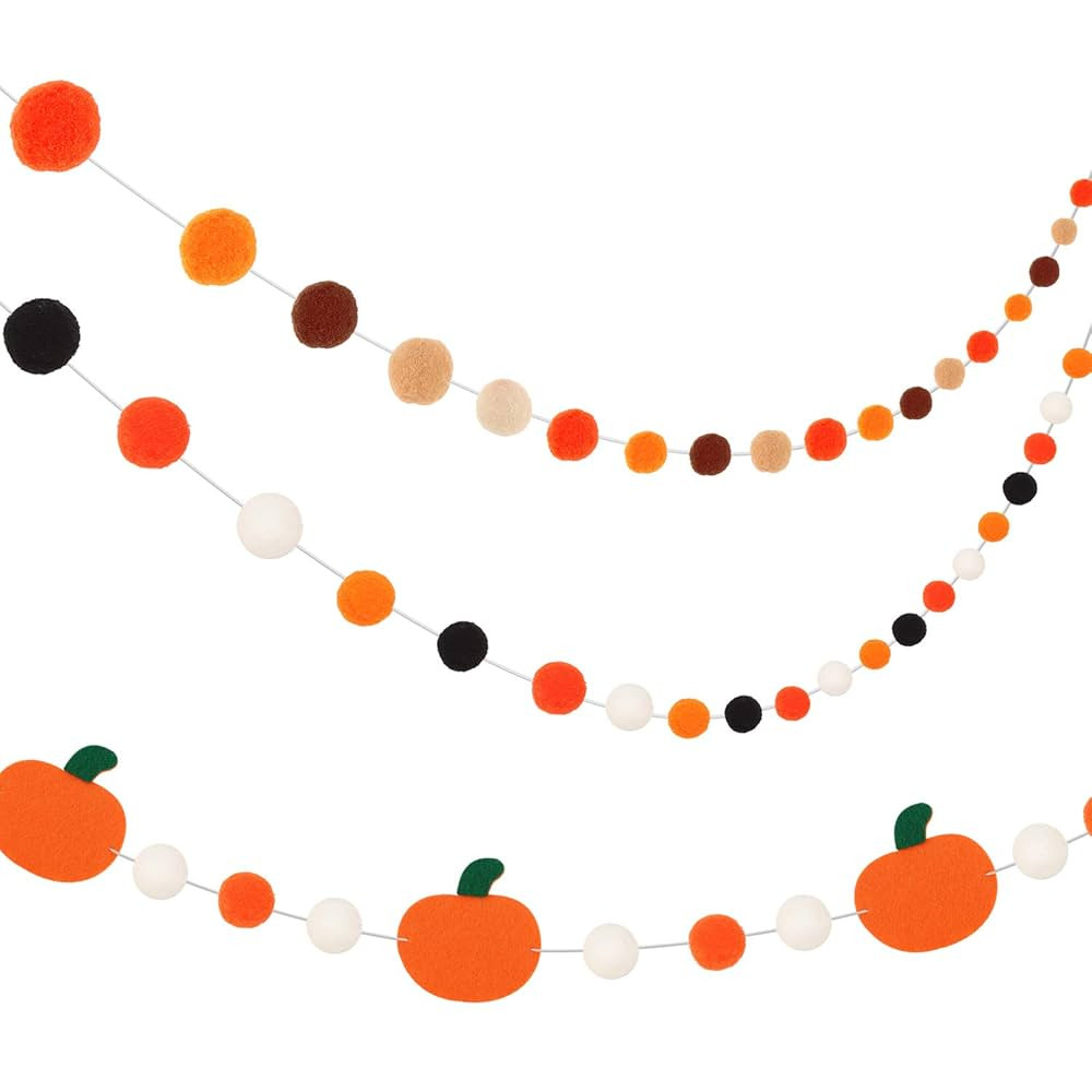 Tatuo 3 Pieces Halloween Fall Pom Pom Garland 24.6 ft Felt Ball and Pumpkin Garland Orange Wool B... | Amazon (US)