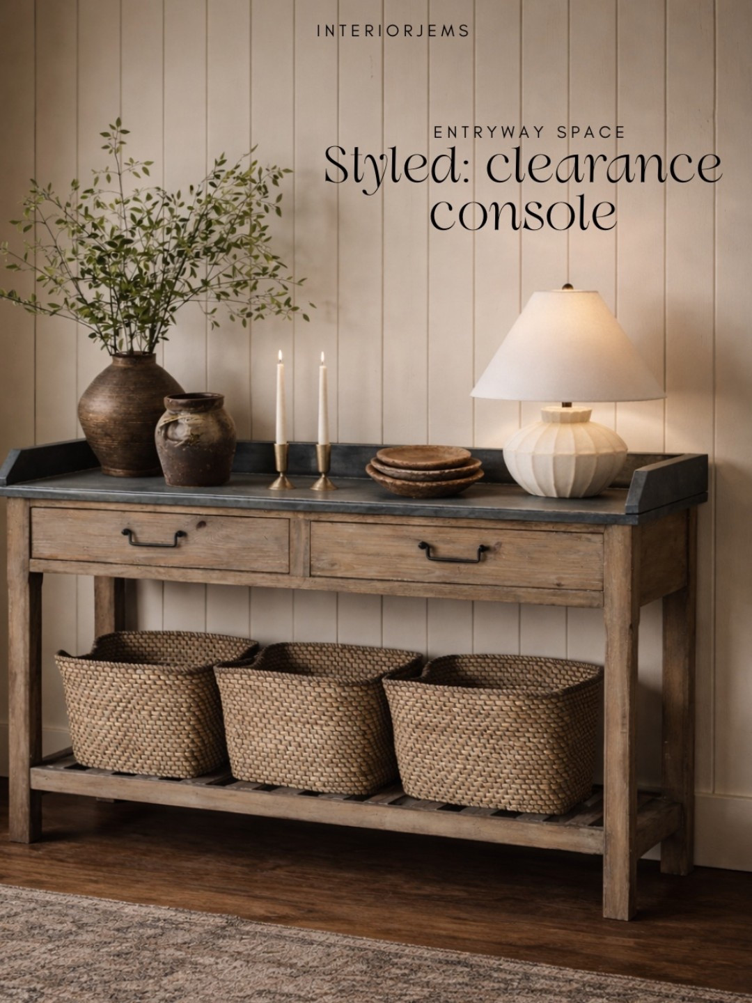 Incredible deal on this console table it is 72% off and only $300 right now. I love the rustic wood log with the vintage details styling it here for an entryway or dining room room love the baskets for storage and these rustic vases are my favorite.

#LTKSaleAlert #LTKHome