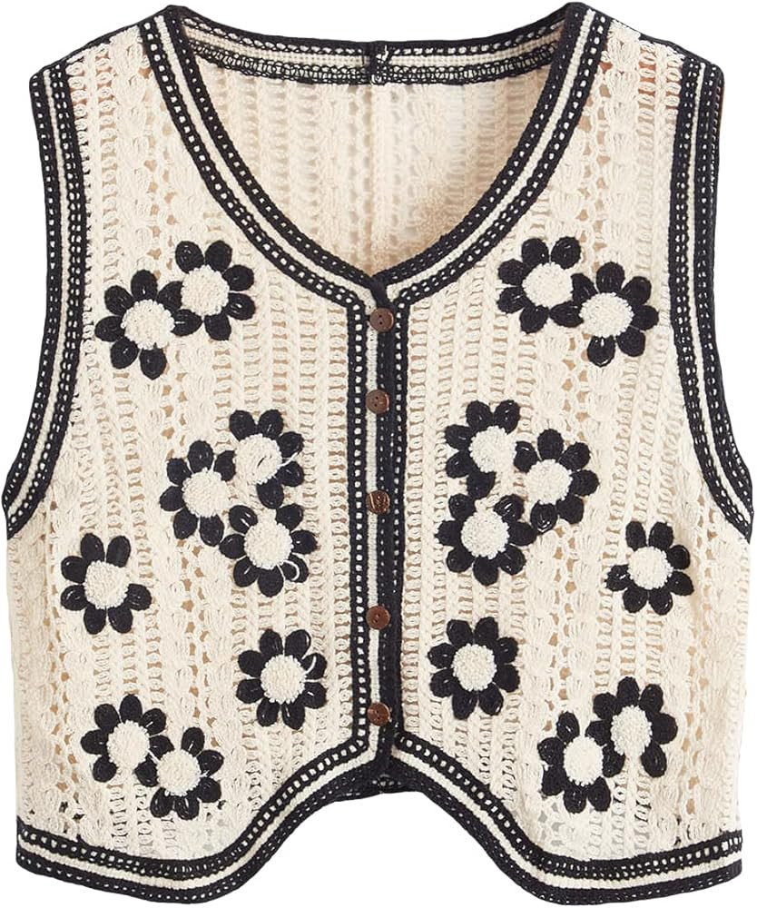 Verdusa Women's Button Front V Neck Sleeveless Checkered Knit Sweater Vest | Amazon (US)