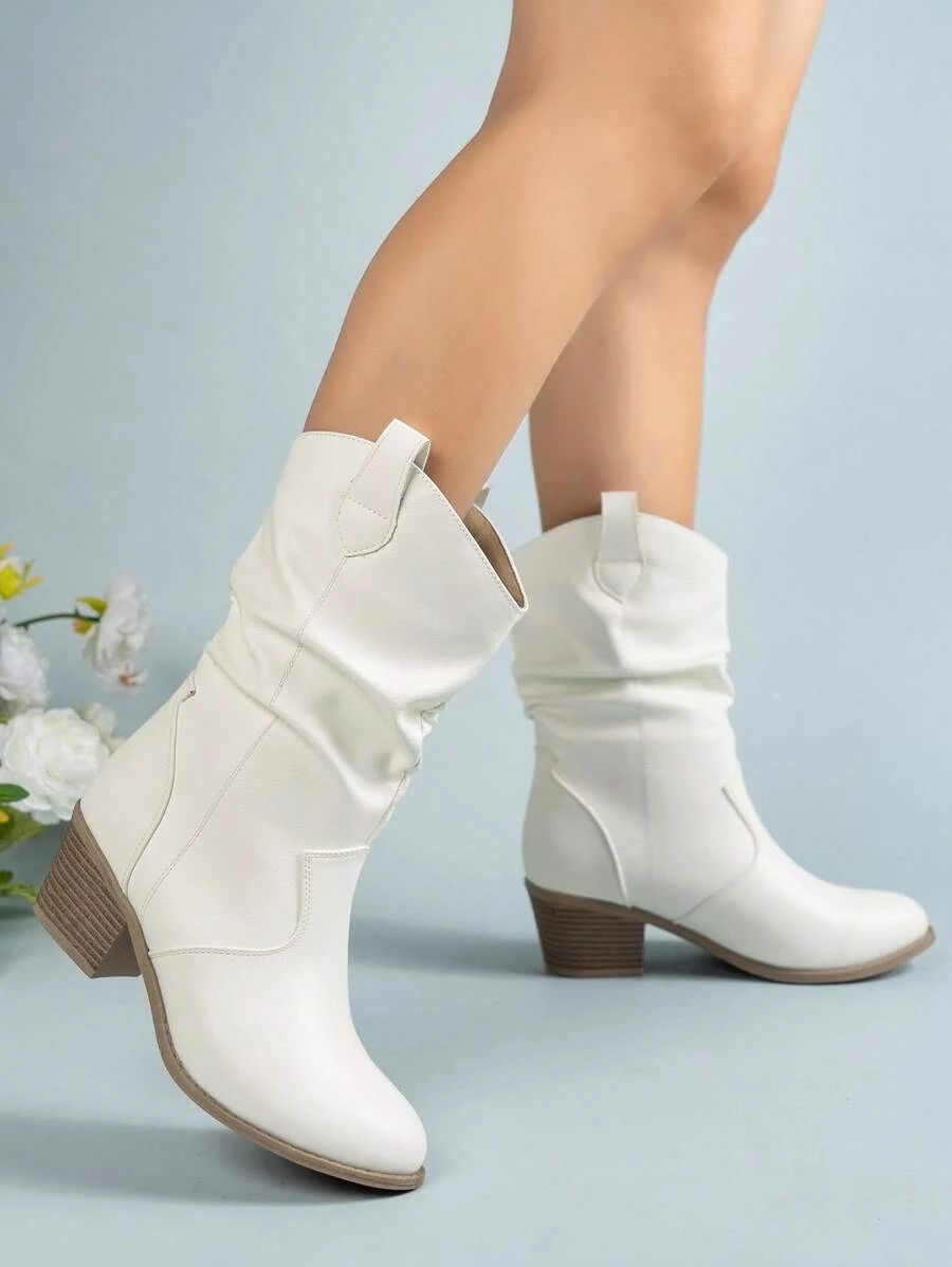 Fashion White Western Boots For Women, Stitch Detail Patch Decor Point Toe Chunky Heeled Boots | SHEIN