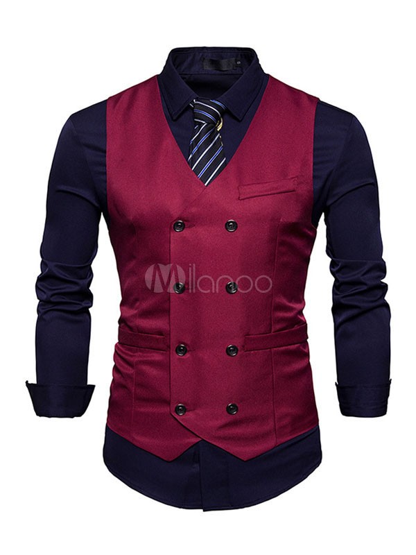 Burgundy Waist Coat Men Vest Jacket V Neck Long Double Breasted Sleeveless Jacket | Milanoo