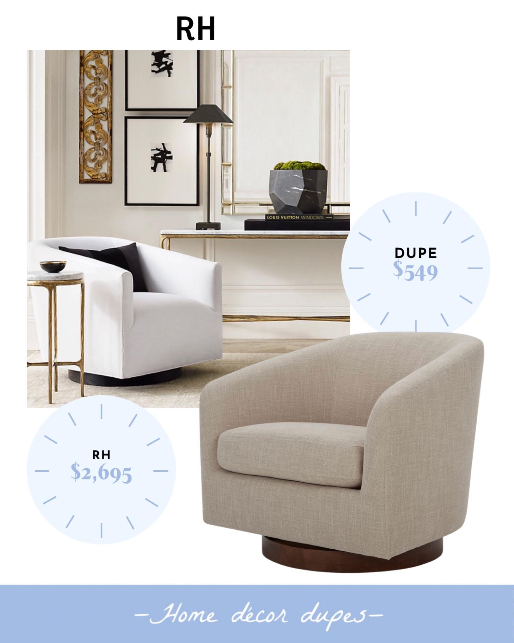 I have a few DUPE swivel chairs to share with you all!! Two are new to me and one is a group favorite that you may not have realized is even a dupe!!

First is this Restoration Hardware 1950s Italian shelter arm swivel chair dupe!!

RH starts at $2,695
Dupe swivel just $549!! Love the wood vase! 😍 plus it’s available in multiple colors and the reviews are excellent!!

#LTKhome #LTKsalealert #LTKFind