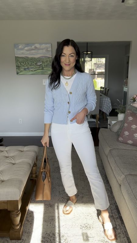 Yesterday’s casual outfit for a book club meeting! This spring sweater is truly the prettiest shade of blue! And the quality is excellent. And my favorite cropped white denim is on sale for only $47 today👏 Plus, the beaded necklaces I layered are on sale, buy one get one 50% off!!

Sizing:
The cardigan fits TTS. I’m typically between an XS-S, and I’m wearing the XS. It has plenty of room. 
Jeans fit TTS, they do have stretch, so if between sizes you might size down. I’m wearing a 26.
White tee fits TTS, if between sizes you could size down. wearing an XS. 

Classic style, affordable style, mom outfit, preppy, lands end, jcrew factory, sale, spring outfit, summer sweater 

#LTKSeasonal #LTKsalealert #LTKfindsunder50