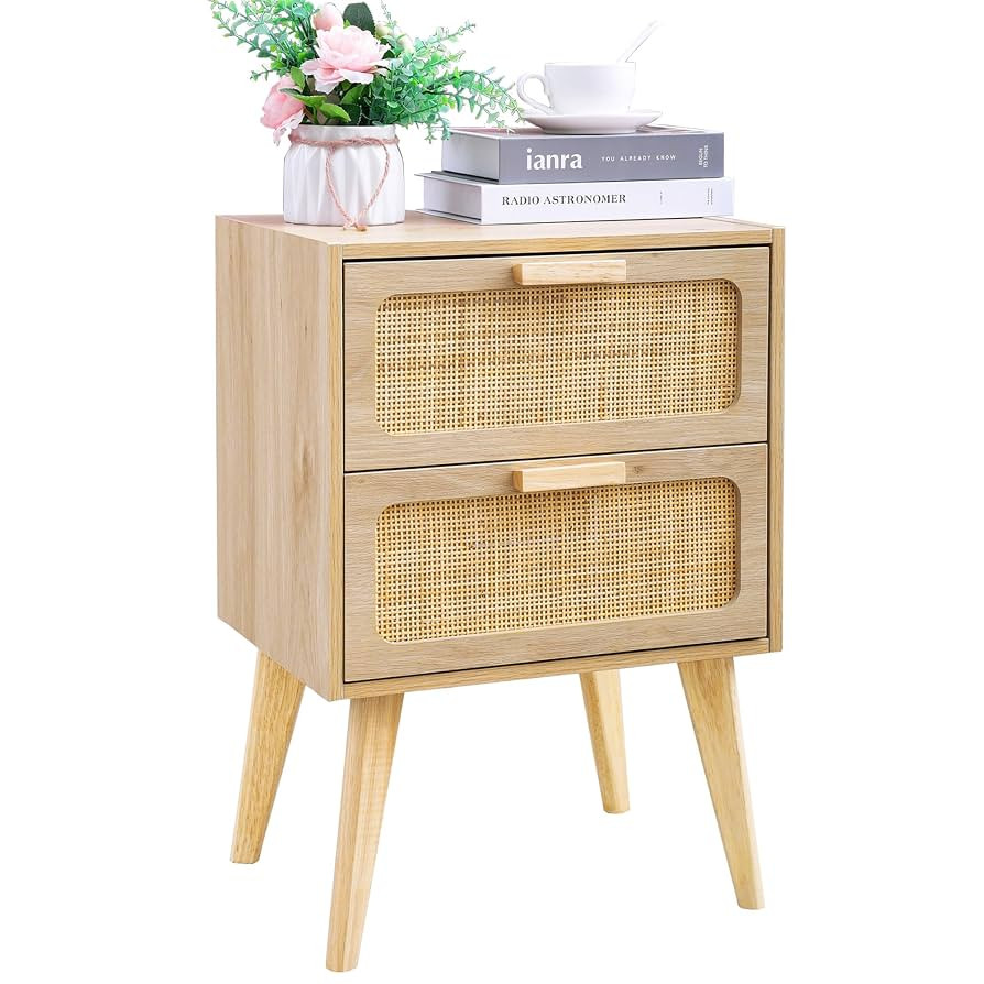 Rattan Nightstand,Boho Bedside with Storage,End Table,Side Table with 2 Hand Made Rattan Decorate... | Amazon (US)