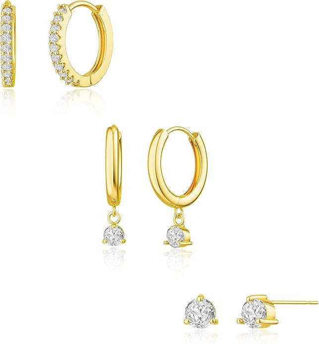 Freekiss 3 Pairs Gold Hoop Earrings Set: Dainty Stud Earrings Trendy Small 14K Gold Plated Hypoal... | Amazon (US)