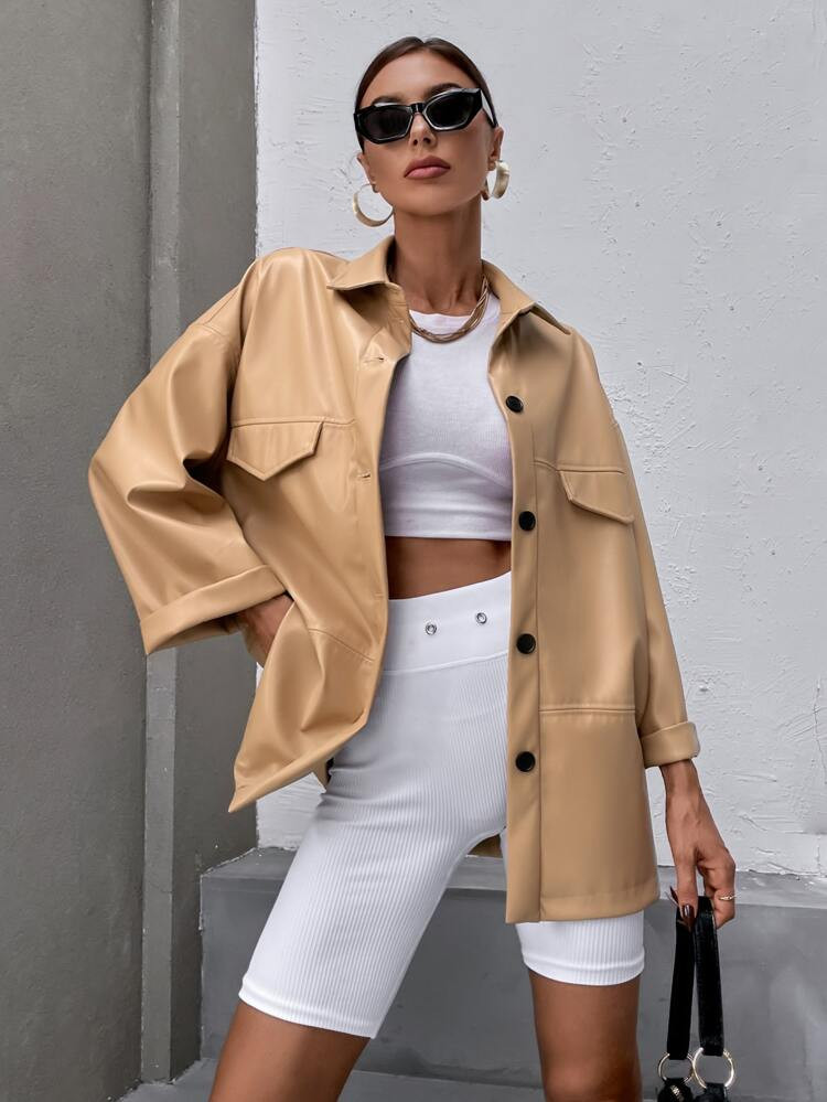 Drop Shoulder Flap Detail PU Coat | SHEIN