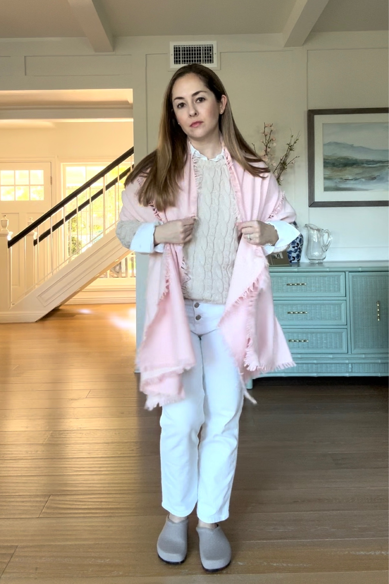 Classic style in sezane Oxford, Lands’ End cable knit sweater, Alice Walk wrap, white jeans, and Rothy’s clogs  

#LTKstyletip #LTKSeasonal #LTKMostLoved