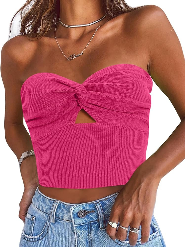 EFAN Womens Crop Tube Tops Fall Fashion Sweaters Summer Outfits 2023 Cut Out Twist Knot Front Ban... | Amazon (US)