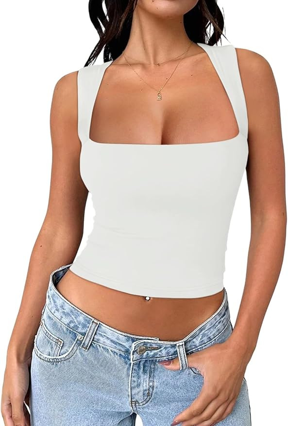 REORIA Women's Square Neck Going Out Crop Tops Double Lined Cute Basic Tank Tops 2024 Trendy Clot... | Amazon (US)