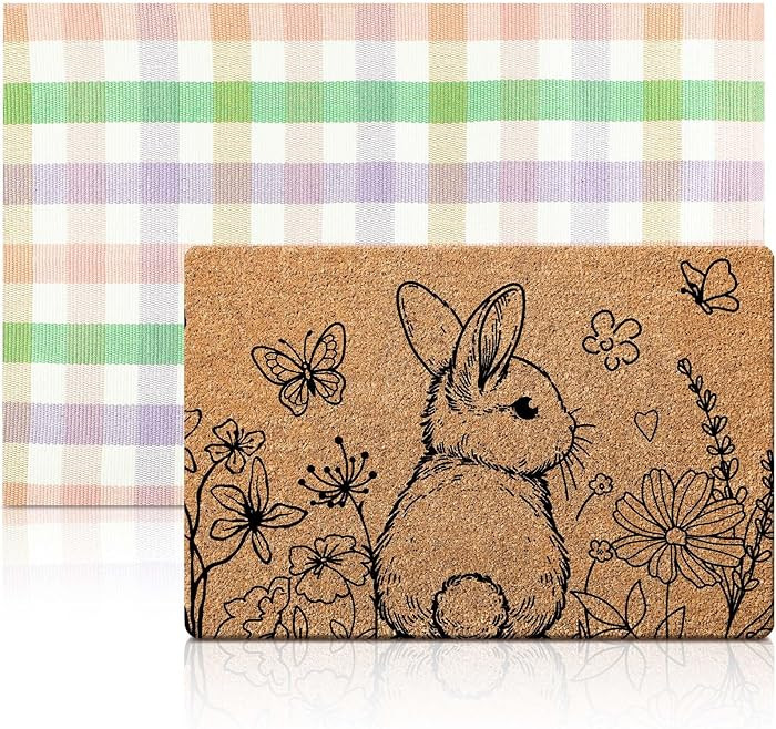 Duraaamo 2 Pcs Easter Coir Doormat Outdoor Rug Pastel Egg Welcome Door Mat Layered Buffalo Plaid ... | Amazon (US)
