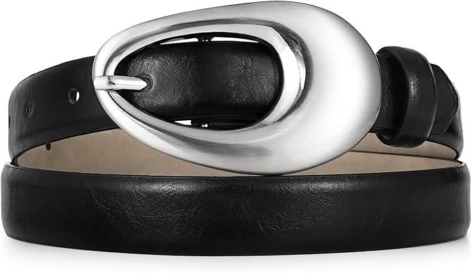 Black Belt Women Synthetic Leather Waist Belt with Shiny Silver Oval Buckle for Women Casual Form... | Amazon (US)