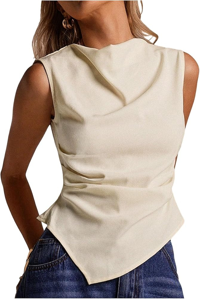 RoseSeek Women's Cowl Neck Asymmetrical Neck Slim Fit Tank Top Sleeveless Dressy Linen Blouses Ru... | Amazon (US)