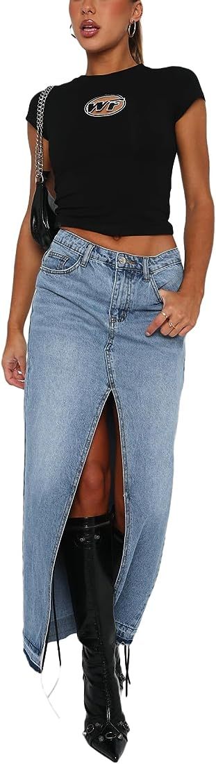 lisenraIn Women Long Denim Skirt Front Slit Maxi Skirt Y2K Fashion Streetwear High Waist Jean Ski... | Amazon (US)