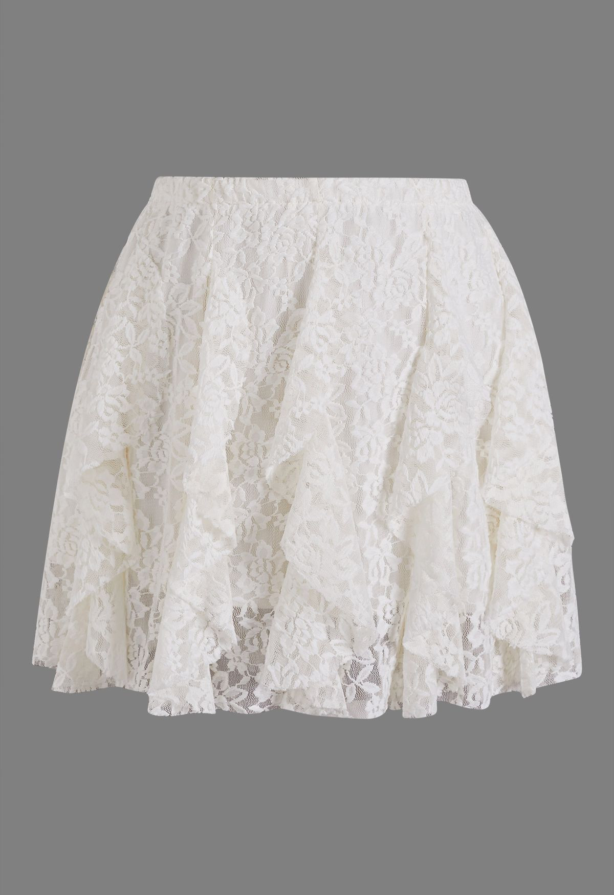 Feminine Floral Lace Ruffle Mini Skirt in Ivory | Chicwish