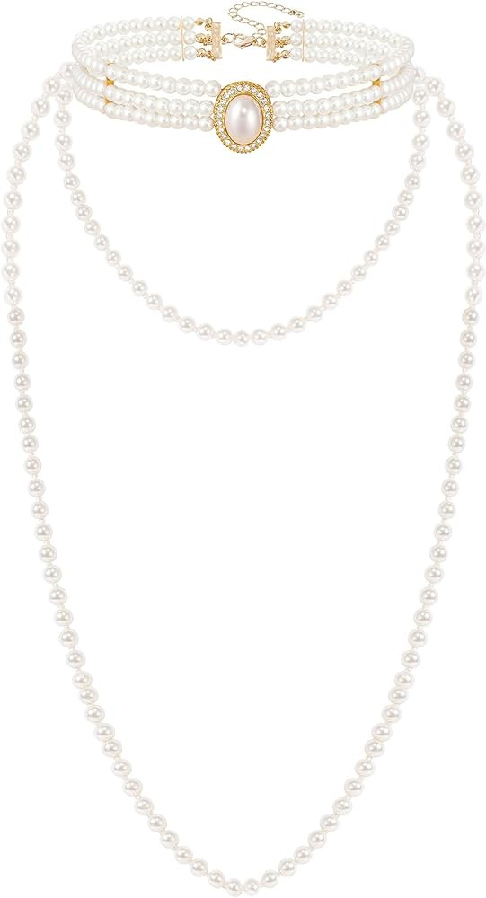 BABEYOND Long Pearl Choker Necklace - Faux Pearl Chain Necklace Pearl Jewelry Set for Women 20s F... | Amazon (US)