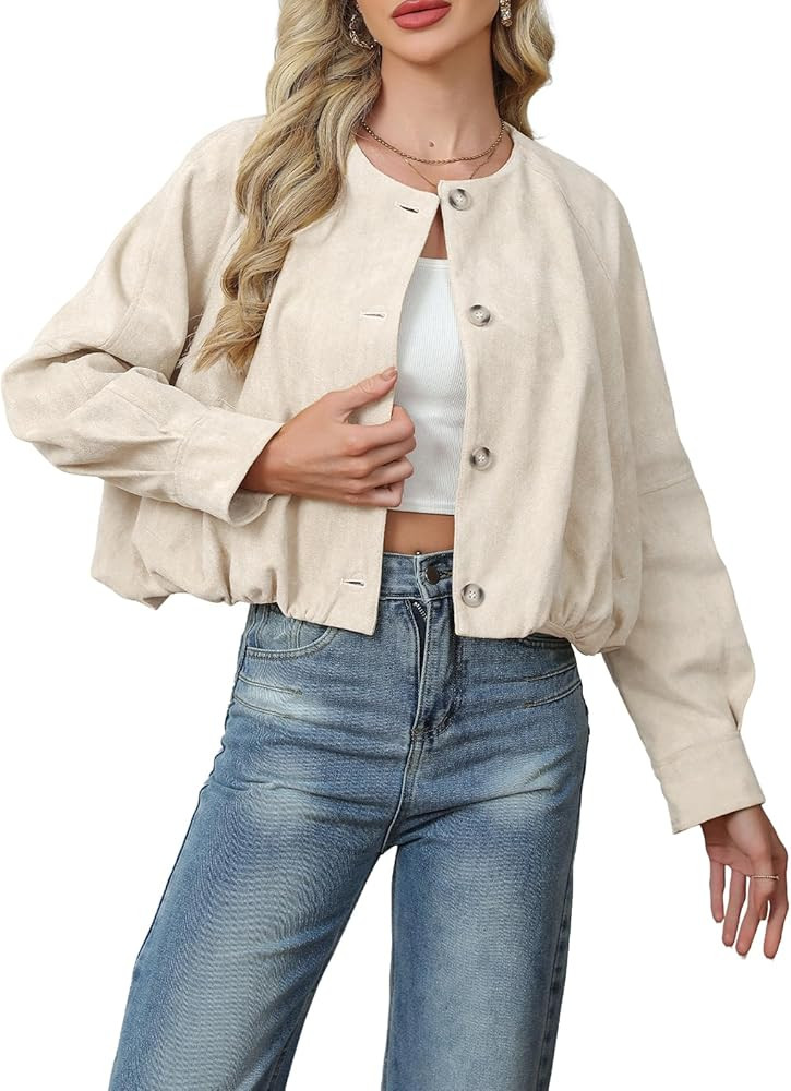 SCOFEEL Women’s Cropped Faux Suede Jacket Casual Collarless Short Bomber Jackets Button Up Fall... | Amazon (US)