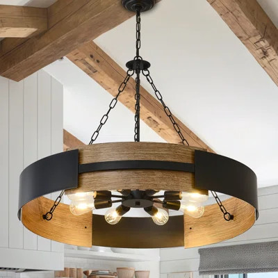 Farmhouse Chandelier for Dining Room, 6-Light Rustic Drum Chandeliers Black and Brown Metal Wood Grain Round Pendant Lighting for Kitchen Island Foye | Wayfair North America