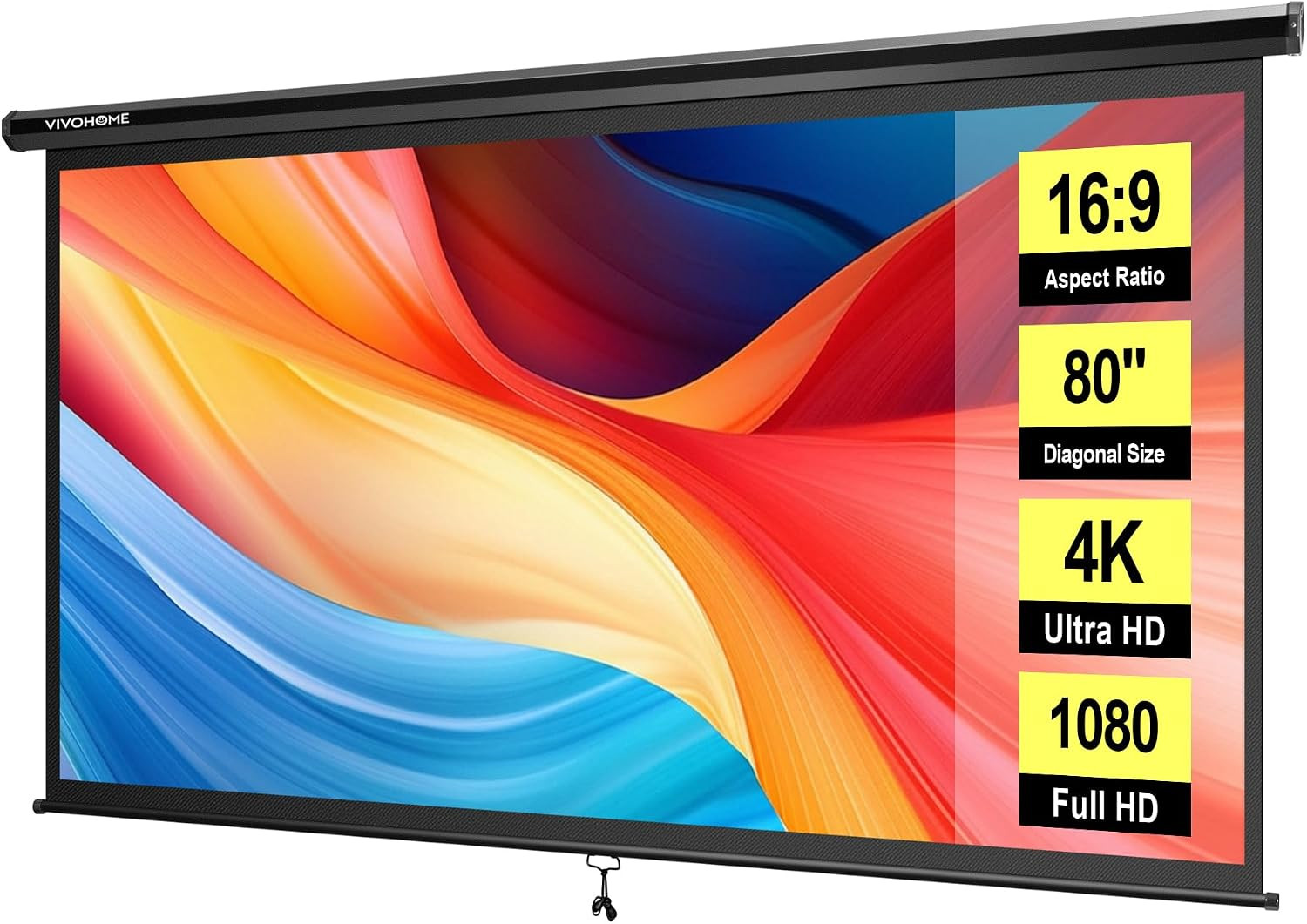 VIVOHOME 80 Inch 16:9 Pull Down Projector Screen, Black | Amazon (US)