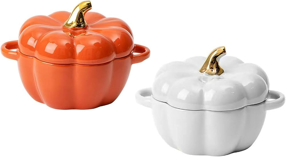 Pumpkin Bowl Set with Lid and Handle, Set of 2 Ceramic Ramekins for Baking, Casserole Dish Indivi... | Amazon (US)