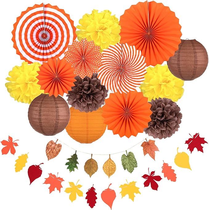 Whaline 16Pcs Thanksgiving Tissue Pom Poms Fall Party Decorations Orange Hanging Paper Fans Flowe... | Amazon (US)