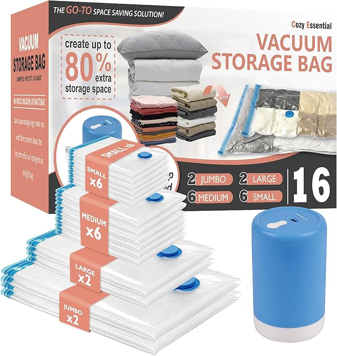 Vacuum Storage Bags with Electric Pump, 16 Pack (2 Jumbo/2 Large/6 Medium/6 Small) Vacuum Seal Sp... | Amazon (US)