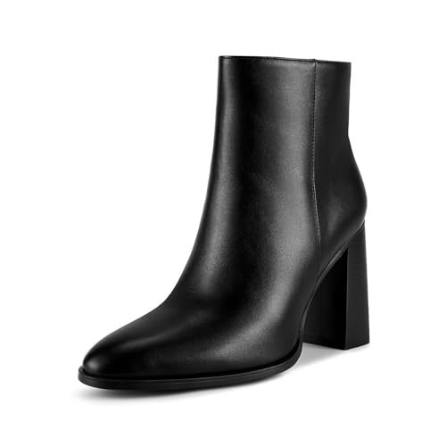 wetkiss Black Ankle Boots for Women - Chunky, Pointed Toe, High Heeled, Side Zipper, PU Leather Dress & Wedding Party Shoes | Amazon (US)