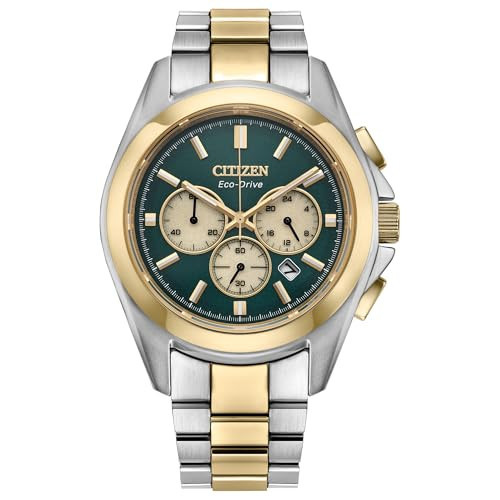 Citizen Men's Eco-Drive Sport Luxury Watch, Two-Tone Stainless Steel Bracelet, Green Dial,Chronograph,12/24 Hour Time, Date (Model: CA4684-54X) | Amazon (US)