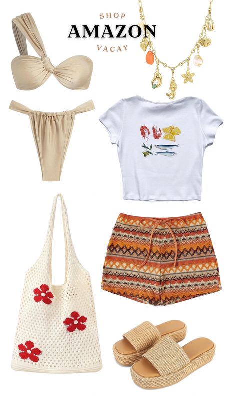 Amazon, vacation outfit, beach outfit, spring outfit, knit shorts, knit bag, beach bag, bikini, wedge sandals, charm necklace 

#LTKswim #LTKfindsunder100 #LTKtravel