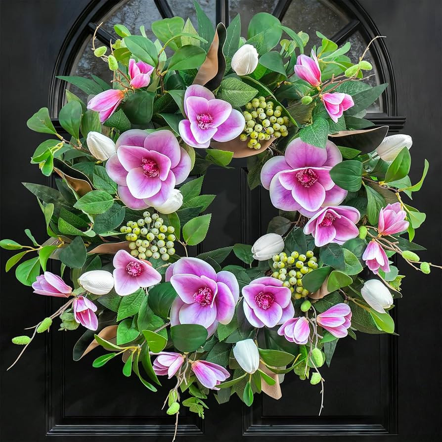 Spring Front Door Magnolia wreath-24 inch Artificial Magnolia Tulip Spring and Summer Flower Arra... | Amazon (US)