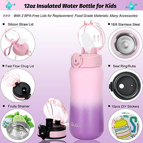 12 oz Insulated Kids Water Bottle with Straw/Chug/2 One-Click-Open Lids 10 Stickers Fruit Straine... | Amazon (US)