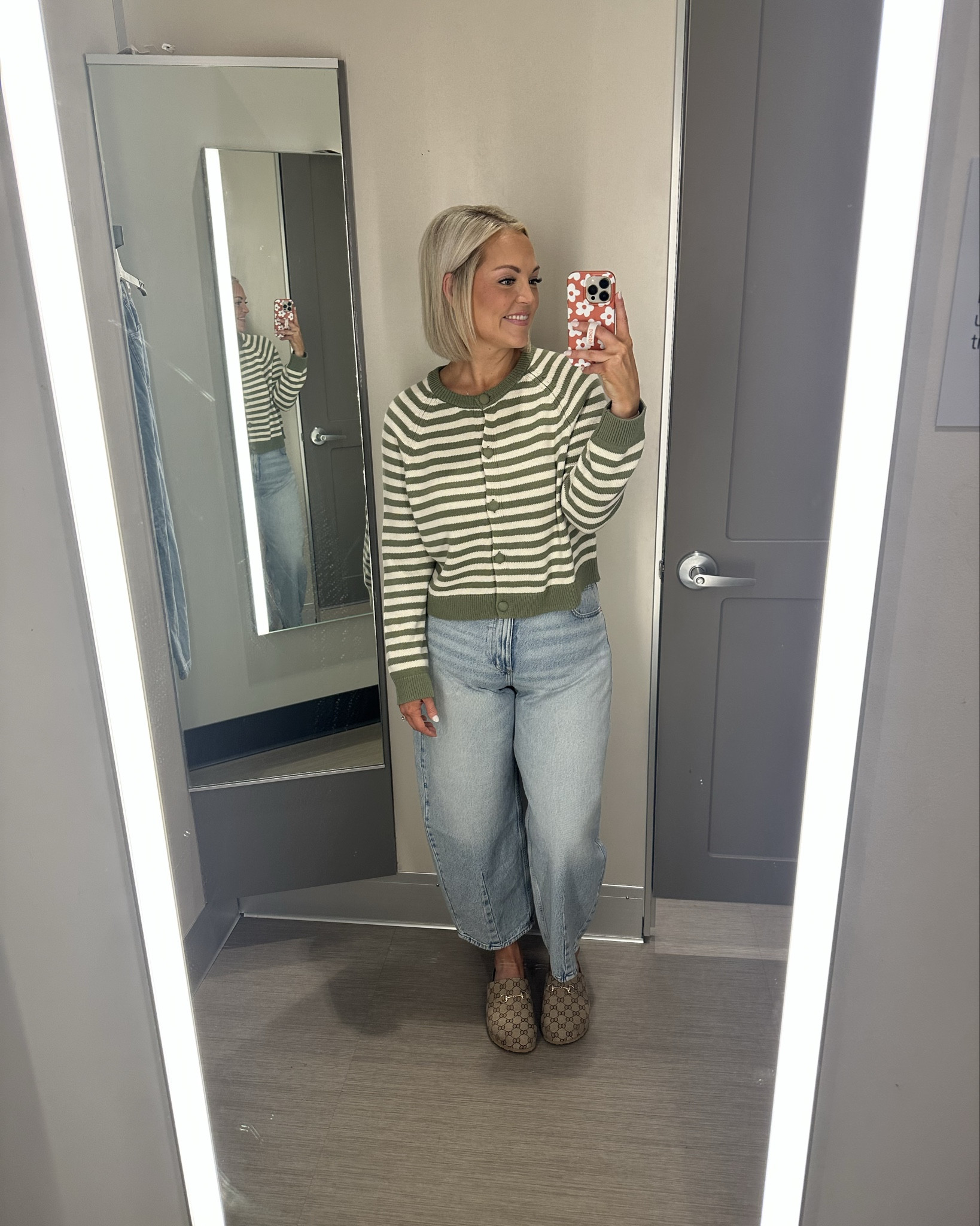 These *slight* barrel jeans from Target are my FAVORITE! I can't commit to the big barrel but this slight little touch of the trend is perfect! Plus it's true denim and sucks in the mom pooch perfectly!! This whole look came home with me!

#LTKSeasonal #LTKStyleTip #LTKSaleAlert