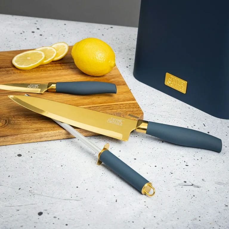 Thyme & Table 7-Piece Slim Block Knife Set with Gold Blades and Blue Block | Walmart (US)