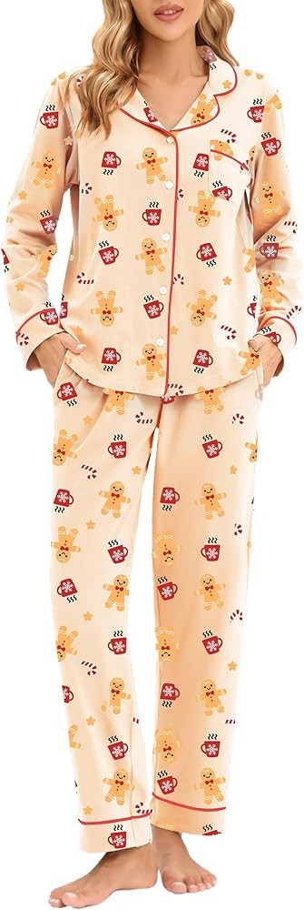 LUBOT 2024 Christmas Pajamas 100% Cotton Womens Pajamas Set 2 Piece Soft Button-Down Xmas PJs Set... | Amazon (US)