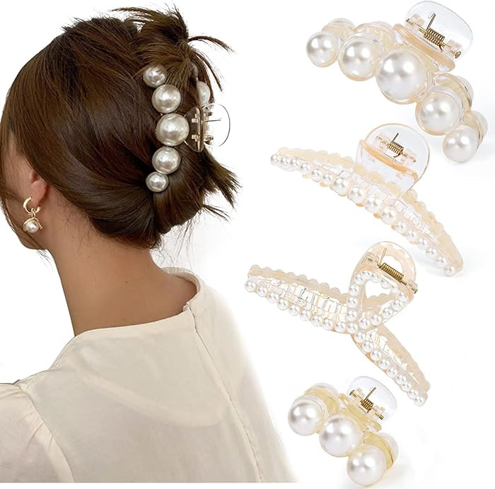 Mehayi 4 PCS Large Pearl Hair Claw Clips for Women Girls, Hair Barrette Clamps for Thick Thin Hai... | Amazon (US)