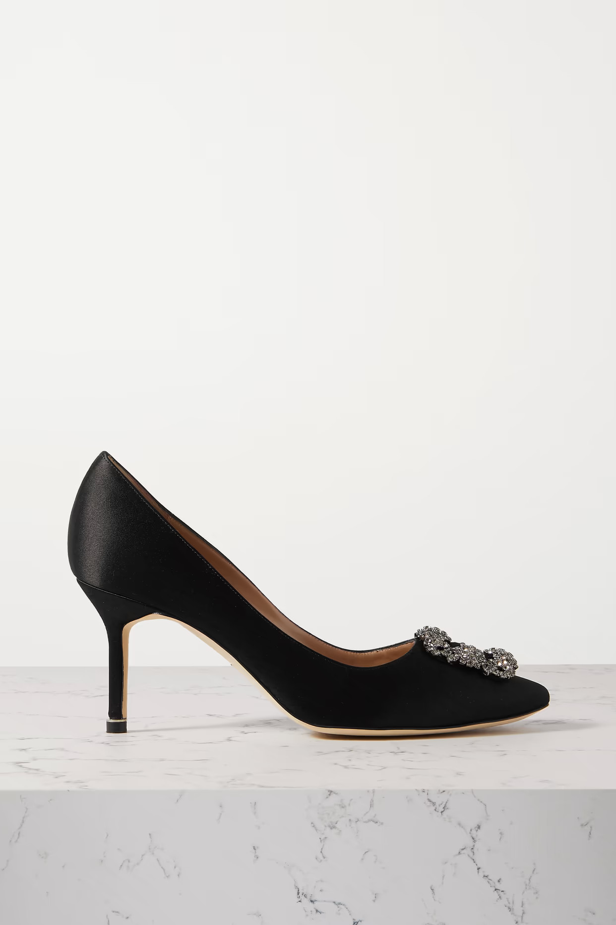 Manolo Blahnik - Hangisi 70 Crystal-embellished Satin Pumps - Black | NET-A-PORTER (US)
