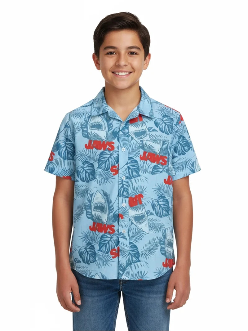 Jaws Boys Cotton Graphic Button Up Shirt with Short Sleeves, Sizes 4-18 | Walmart (US)