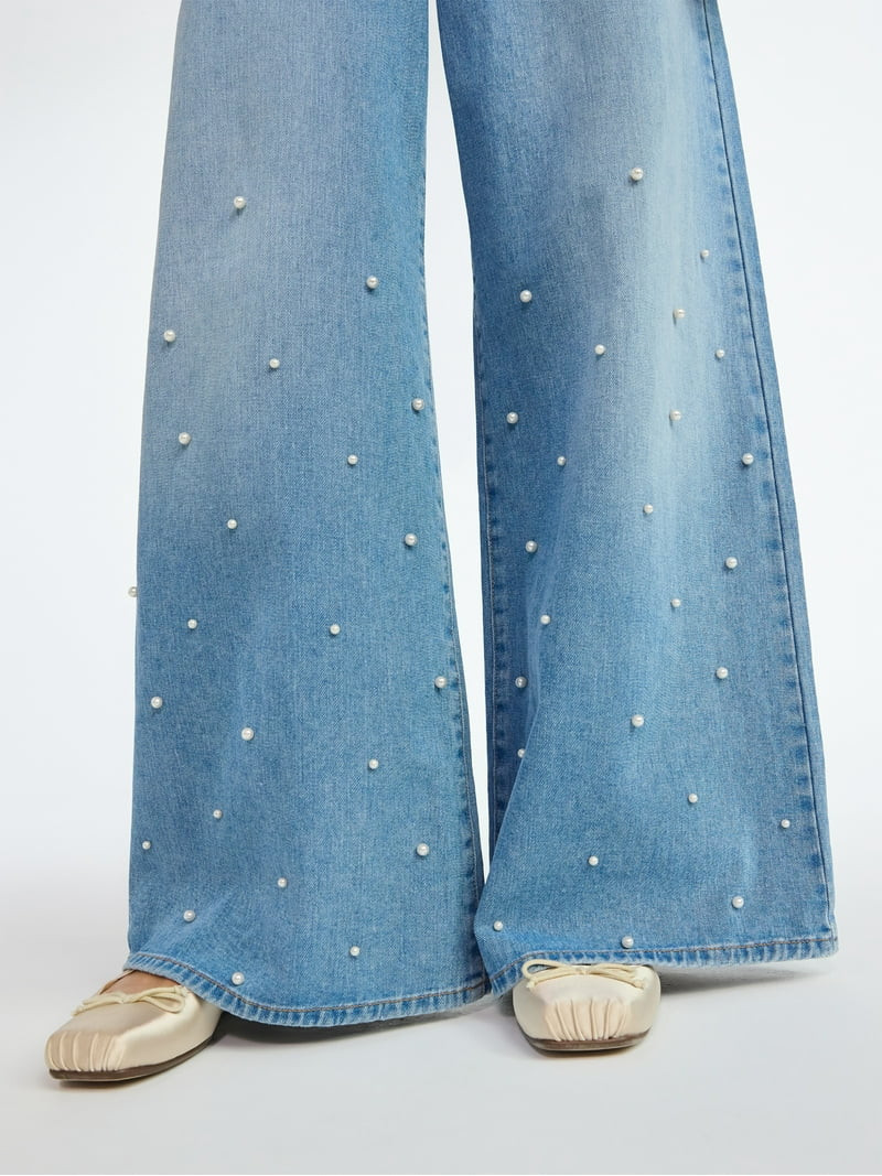 Scoop Women's and Women’s Plus Wide Leg Jeans with Faux Pearl Accents, Sizes 0-26W | Walmart (US)