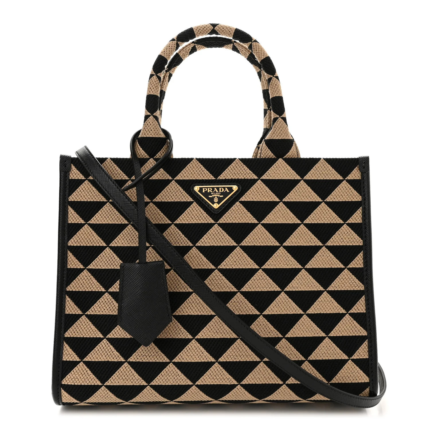 PRADA Fabric Embroidered Saffiano Small Symbole Tote Black Beige | FASHIONPHILE (US)
