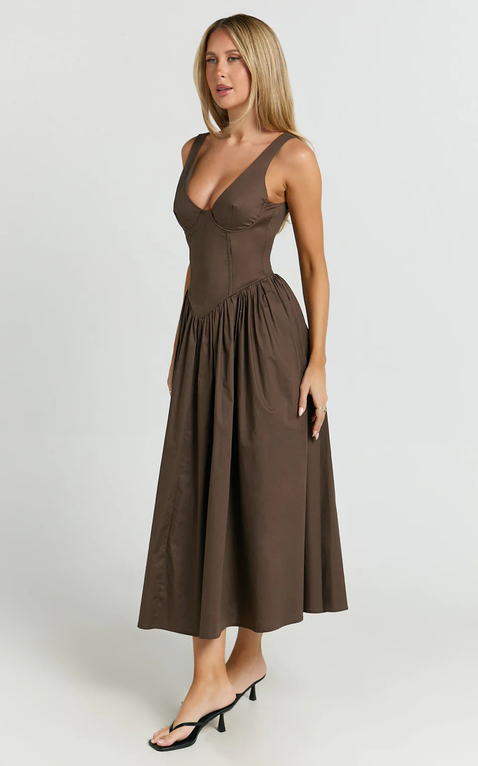 Beckett Midi Dress - Scoop Neck Drop V Waist Gathered Skirt Dress in Dark Chocolate | Showpo (US, UK & Europe)