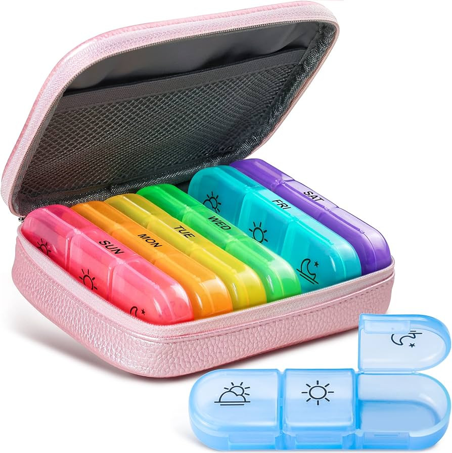 Cute Pill Organizer 3 Times a Day, AMOOS Large Daily Pill Case for Women, Portable Pill Box 7 Day... | Amazon (US)